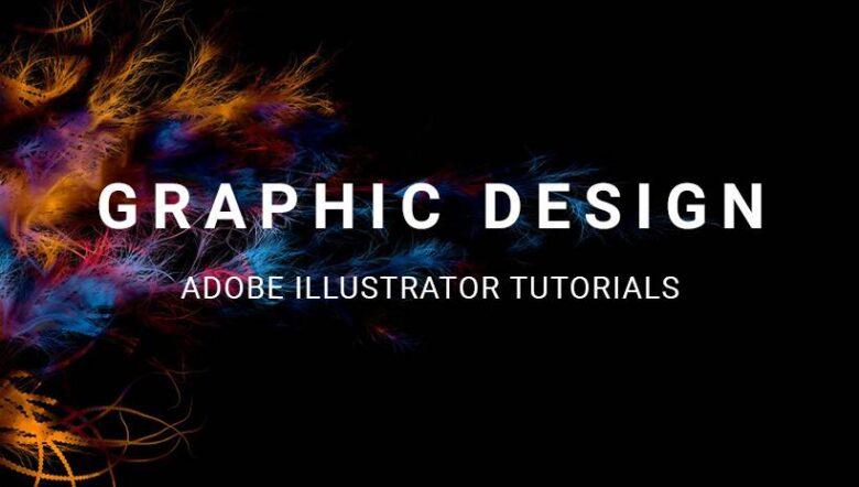 Abstract graphic with colorful, swirling light trails on a black background. Large white text in the center reads "Graphic Design" and smaller text below reads "Adobe Illustrator Tutorials".