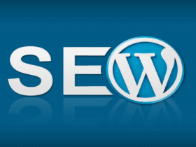 The image features the term "SEO" with the "O" replaced by the WordPress logo, set against a blue background. The WordPress logo is a stylized "W" inside a circle, seamlessly integrated into the term.