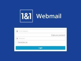 A blue login page for 1&1 Webmail is displayed. It has fields for Email Address and Password, an optional "Remember me" checkbox, and a "Forgot your password?" link above a blue "Login" button. The 1&1 Webmail logo is centered at the top of the page.