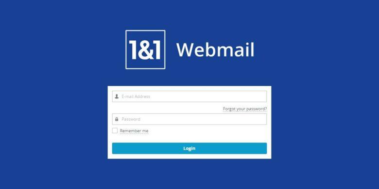 A blue login page for 1&1 Webmail is displayed. It has fields for Email Address and Password, an optional "Remember me" checkbox, and a "Forgot your password?" link above a blue "Login" button. The 1&1 Webmail logo is centered at the top of the page.