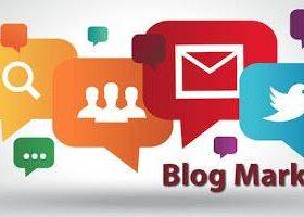 Colorful speech bubbles featuring icons such as a magnifying glass, envelope, phone, group of people, bird, and thumbs-up surround the words "Blog Marketing.