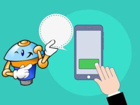 Cartoon robot with a blue and orange body gestures with a speech bubble. A hand touches a green button on a smartphone screen. The background is teal, and the scene suggests interaction between the robot and the phone.