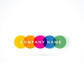 A logo featuring seven overlapping circles in different colors (yellow, orange, red, magenta, blue, teal, and green) with the text "COMPANY NAME" in white capital letters displayed across the center on a white background.