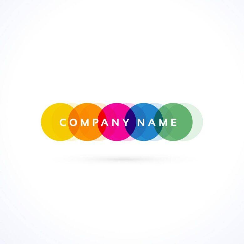 A logo featuring seven overlapping circles in different colors (yellow, orange, red, magenta, blue, teal, and green) with the text "COMPANY NAME" in white capital letters displayed across the center on a white background.