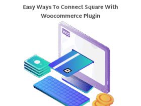 Illustration showing a computer monitor displaying a credit card being inserted, next to a keyboard and a stack of cash and coins. The text above reads "Easy Ways To Connect Square With Woocommerce Plugin.