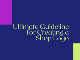A dark blue background featuring neon yellow-green text in the center that reads "Ultimate Guideline for Creating a Shop Logo." There is a bright pink rectangle in the top left corner and a bright yellow-green square in the bottom right corner.