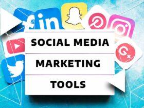 A collection of social media logos, including LinkedIn, Snapchat, Pinterest, Instagram, YouTube, Twitter, and Google+, surrounds a central text that reads "Social Media Marketing Tools" on a blue textured background with white geometric elements.