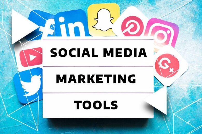A collection of social media logos, including LinkedIn, Snapchat, Pinterest, Instagram, YouTube, Twitter, and Google+, surrounds a central text that reads "Social Media Marketing Tools" on a blue textured background with white geometric elements.