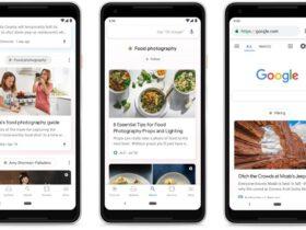 Three smartphones display different screens. The first shows a food photography guide with two people in a kitchen. The second features eight tips for food photography with bowls of food. The third screen displays a Google search for hiking, showing search results including an article about hiking locations.
