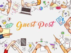 Illustration featuring multiple hands engaged in various activities surrounding the text "Guest Post" in the center. Activities include writing, holding gadgets, drawing, and using office supplies, symbolizing collaboration and creativity. The background is white.