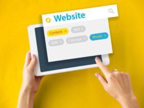 Hands hold a tablet with a floating search box overlay. The search box displays the word "Website" with keywords "Content" in yellow, "SEO" and "SEM" grayed out, "Concept" in gray, and "Words" in blue. The background is solid yellow.