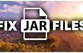 An image with the text "Fix JAR Files" overlaid on a scenic landscape background featuring a colorful sky and sun setting over fields and trees. The text includes a graphic of a document file labeled "JAR.