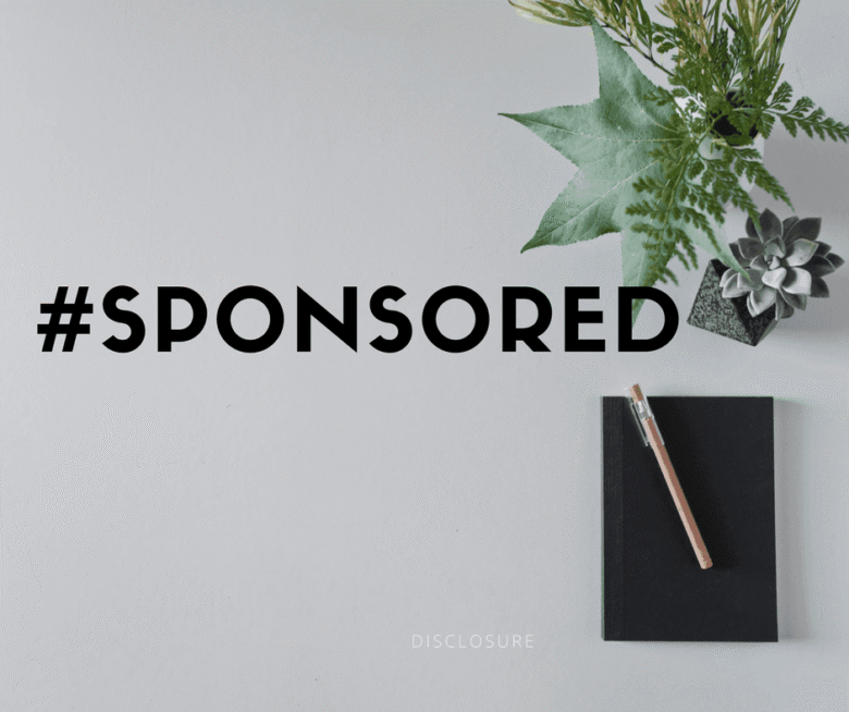 A flat lay image featuring a black notebook with a wooden pencil resting on it, next to a small potted succulent and some greenery. The main focus is the bold text reading "#SPONSORED" in the center. The word "DISCLOSURE" is faintly visible at the bottom.