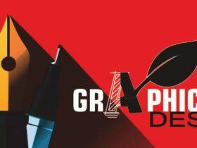 Image of text "Graphic Design" on a red background. The letters "GRAPHIC" have symbols integrated: a leaf as the "A" and a pen nib as the "I". A ruler, pen, and pencil are positioned to the left, accenting the design theme.