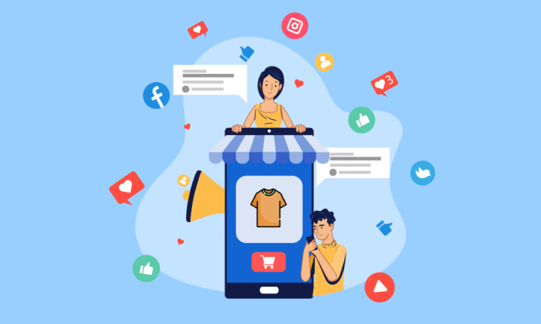 Illustration of two people using a giant smartphone with a shopping app featuring a T-shirt. Social media icons and notifications surround them, indicating online engagement. The background is blue with floating chat bubbles and symbols for likes, comments, and shares.