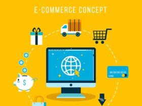 Illustration depicting e-commerce concepts on a yellow background. Elements include a computer screen with a globe, shopping cart, delivery truck, piggy bank, credit card, gift, shopping bag, sale tag, and wallet with a credit card, all connected by a dotted line.