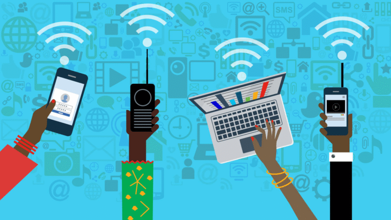 Illustration of three hands holding devices: a smartphone, a walkie-talkie, and a laptop, each emitting a Wi-Fi signal. The background is filled with digital icons including social media, email, and multimedia, symbolizing connectivity and communication.