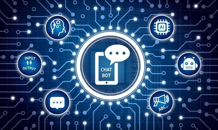 Chat bot future marketing technology concept. Electric circuit graphic and infographic of chatbot , robot , artificial intelligence , operator gear icons