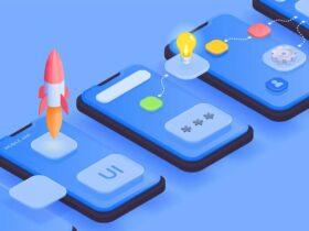 mobile app development isometric background with composition of smartphone screens with 3d app icons