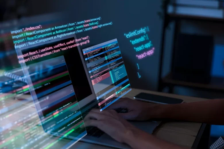 programming background with person working with codes on computer