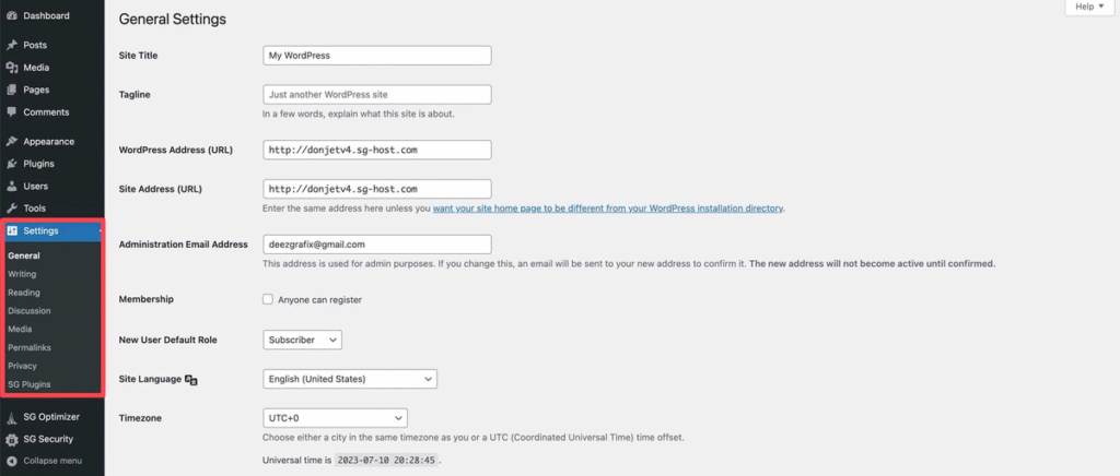 WordPress settings