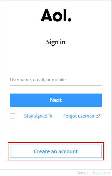 Create an Account button on Aol.