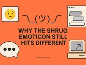 Illustration featuring the shrug emoticon ¯_(ツ)_/¯ with the headline "Why the Shrug Emoticon Still Hits Different" on an orange background, surrounded by icons representing old chat windows, speech bubbles, and a vintage computer—symbolizing digital nostalgia and text-based internet culture.