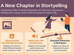 Infographic titled 'A New Chapter in Storytelling' highlighting how augmented reality transforms books into interactive experiences using visual anchors, emotional audio cues, and real-world character interaction.