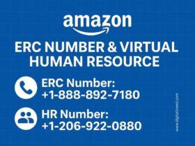 Graphic displaying Amazon ERC and HR contact numbers. Shows ERC number +1-888-892-7180 and HR number +1-206-922-0880 with phone and group icons on a blue background under the Amazon logo.