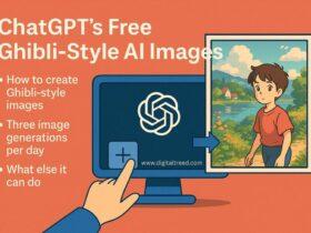 How to use ChatGPT to generate free Ghibli-style AI images with up to three generations daily, showing a cartoon character on a computer screen.