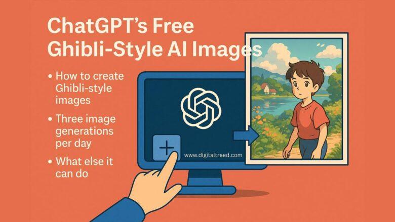 How to use ChatGPT to generate free Ghibli-style AI images with up to three generations daily, showing a cartoon character on a computer screen.