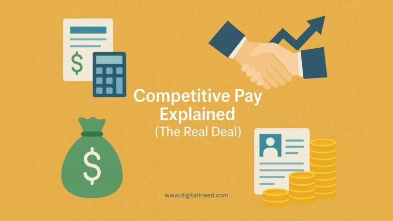 Illustration with text 'Competitive Pay Explained (The Real Deal)' showing icons of a handshake with an upward arrow, money bag, resume with coins, and a financial document with a calculator. Visual guide by DigitalTreed clarifying what competitive pay means in job offers and compensation packages.