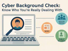 Illustration of a cyber background check process on a laptop screen with a magnifying glass over a user profile. The image emphasizes verifying identity through social media, news sources, and public records. Caption reads 'Know Who You're Really Dealing With'. Created by DigitalTreed.
