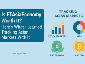 Infographic reviewing FTAsiaEconomy and its usefulness for tracking Asian markets. Highlights areas monitored: stock markets, GDP, ESG trends, and cryptocurrency. Features icons and text on a light blue background.