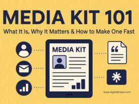 Media Kit 101 infographic explaining what a media kit is, why it matters, and how to create one quickly, featuring icons for communication, data, quotes, and branding on a yellow background.