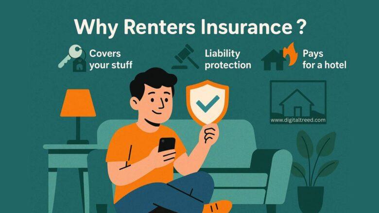 Illustration explaining the benefits of renters insurance. Key points include coverage for personal belongings, liability protection, and hotel expenses if displaced. Features a man sitting on a couch holding a phone and a shield with a check mark, surrounded by icons representing insurance benefits.