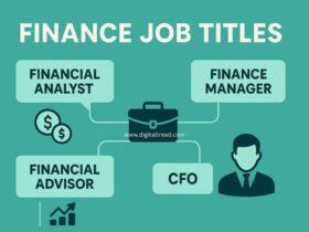Infographic titled 'Finance Job Titles' listing key roles in the finance sector including Financial Analyst, Finance Manager, Financial Advisor, and CFO, connected by a briefcase icon symbolizing career links.