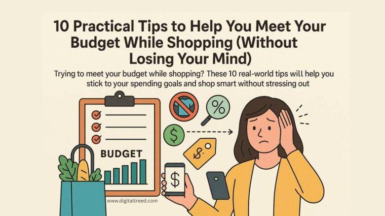 Illustration showing a worried woman trying to manage her shopping budget, with icons of a checklist, grocery bag, discount tags, and dollar signs, alongside the title '10 Practical Tips to Help You Meet Your Budget While Shopping (Without Losing Your Mind)'