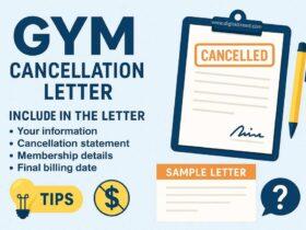 2D infographic titled 'Gym Cancellation Letter' showing a person writing a formal letter, calendar with a 30-day notice highlighted, and icons representing billing, email confirmation, and gym termination, visually summarizing the key steps to cancel a gym membership properly.