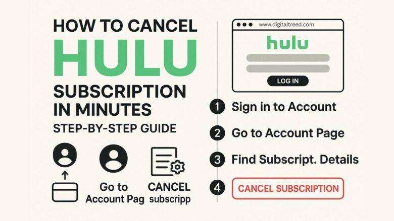 Step-by-step infographic showing how to cancel a Hulu subscription quickly, including signing into account, accessing account page, finding subscription details, and confirming cancellation.