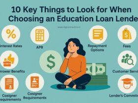 A flat-design infographic titled "10 Key Things to Look for When Choosing an Education Loan Lender," featuring colorful icons representing interest rates, APR, repayment plans, fees, customer support, borrower benefits, cosigner options, loan limits, lender reputation, and educational resources, arranged in a clean layout with minimal text and a modern style.