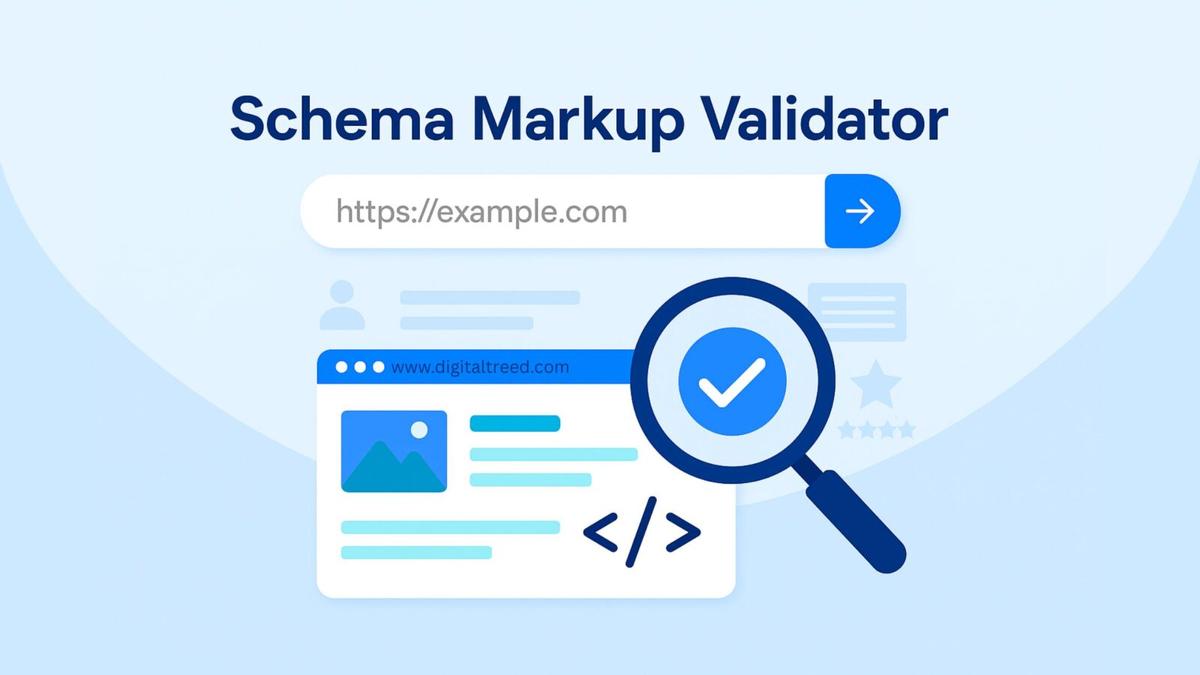 Infographic showing Schema Markup Checker tool concept with a website URL input, search engine icons, metadata tags, and structured data elements in a clean vector design.
