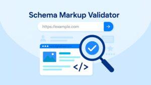 Infographic showing Schema Markup Checker tool concept with a website URL input, search engine icons, metadata tags, and structured data elements in a clean vector design.