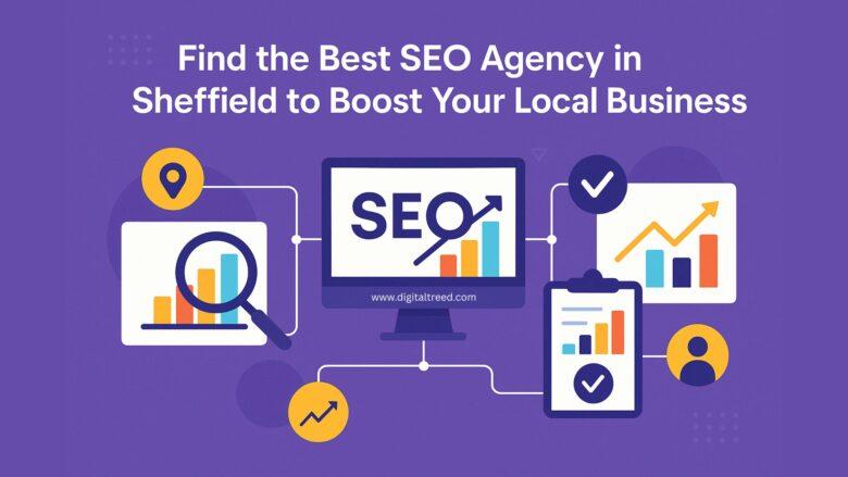 Flat-style digital infographic showing SEO strategy for local Sheffield businesses. Features graphs, charts, location pin, and magnifying glass on a purple background.