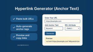 A colorful 2D digital infographic titled "Hyperlink Generator Tool" showing a laptop with code, icons for HTML and BBCode, a clipboard, and chain link symbols, representing features like anchor text creation, bulk URL input, and SEO attributes.