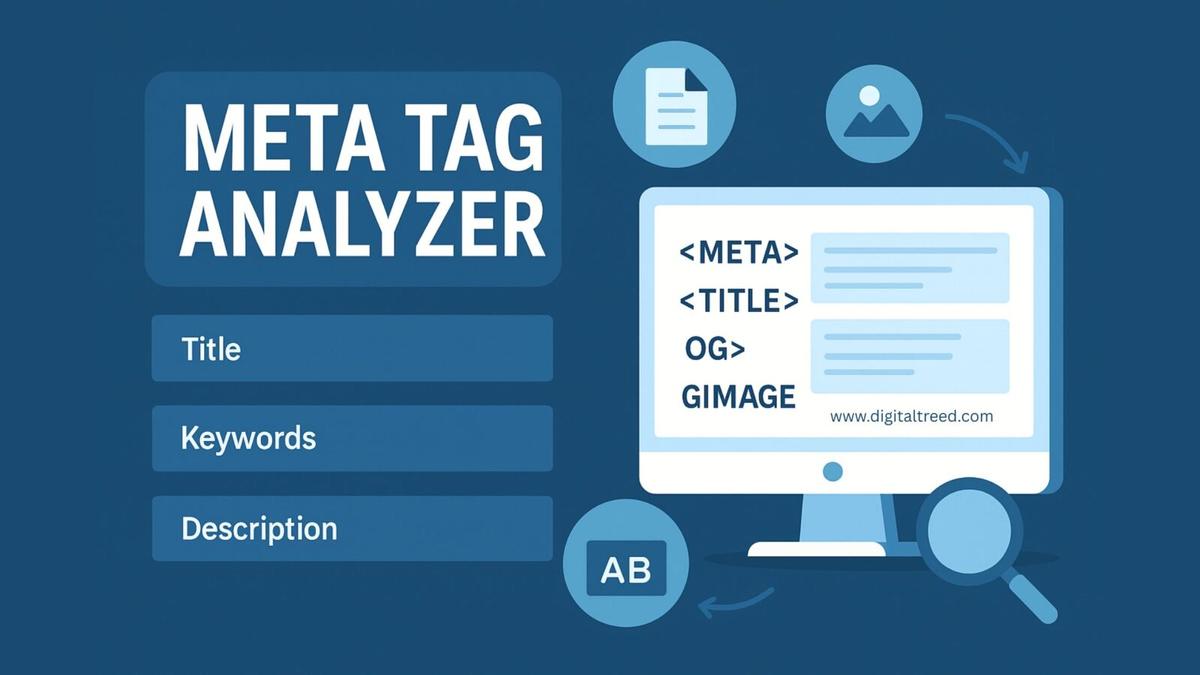 Illustration of a Meta Tag Analyzer concept with digital infographic elements showing website metadata, SEO optimization symbols, and minimal text