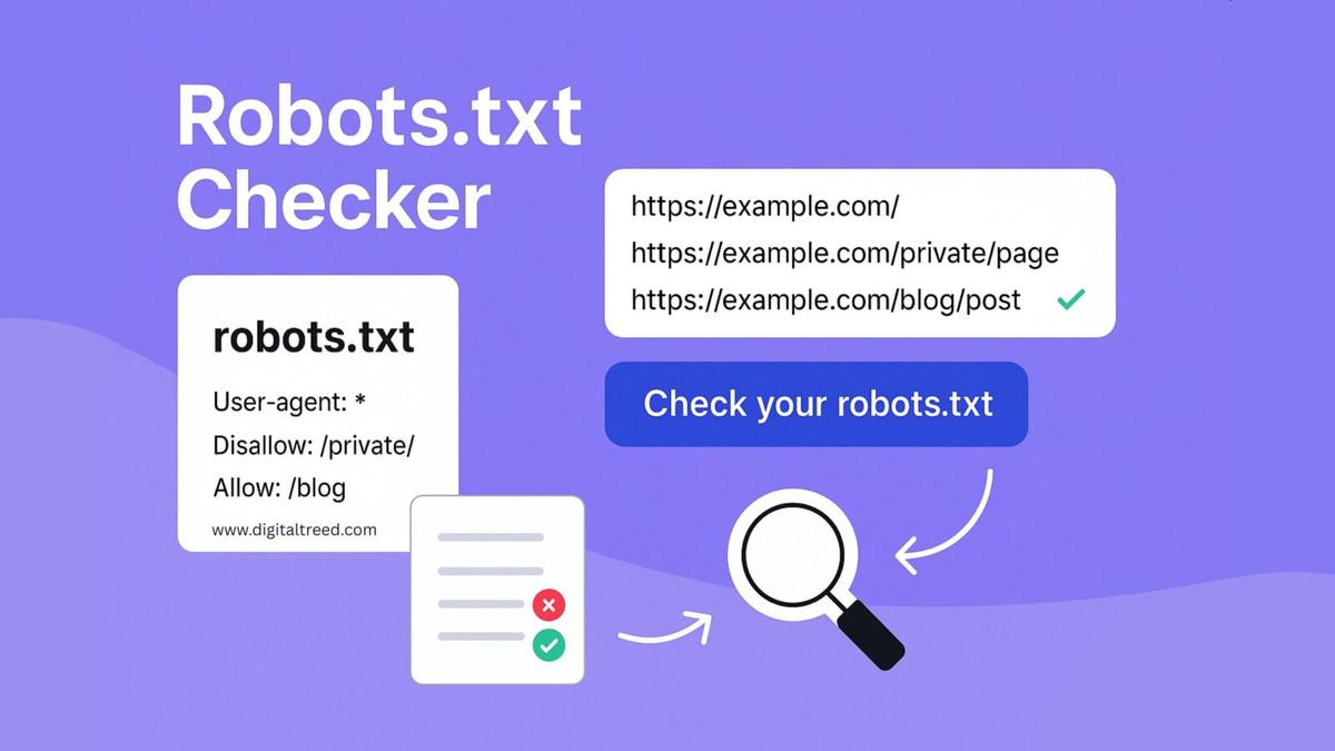 Feature image showing a Robots.txt Checker tool interface with a purple gradient background. Includes a sample robots.txt file, a list of URLs with crawl status indicators (green check and red cross), a magnifying glass icon for inspection, and a blue "Check your robots.txt" button — visually representing SEO crawl testing and URL accessibility.