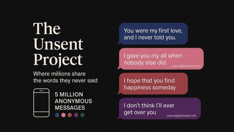 Infographic-style feature image of The Unsent Project showing anonymous text messages in color bubbles, representing love, regret, and unspoken emotions.
