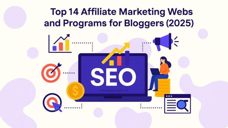 A 2D digital illustration infographic featuring the top affiliate marketing websites and programs for bloggers in 2025, with logos, icons, and minimal text.