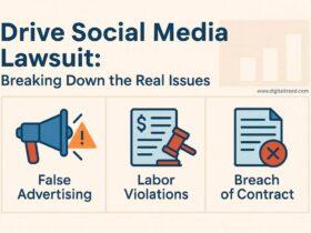 Visual summary of the Drive Social Media lawsuit highlighting key issues like false advertising, labor violations, and broken client contracts.